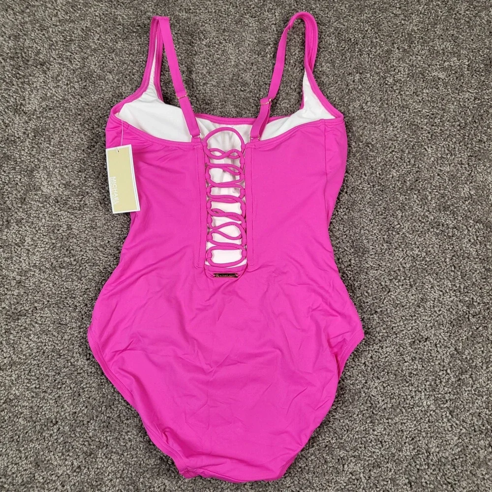 Michael Kors Womens 12 Ultra Pink Lattice Caged Back One-Piece Swimsuit NWT $118